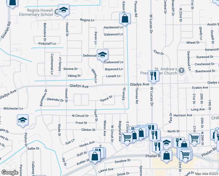 map of restaurants, bars, coffee shops, grocery stores, and more near 4725 Gladys Avenue in Beaumont