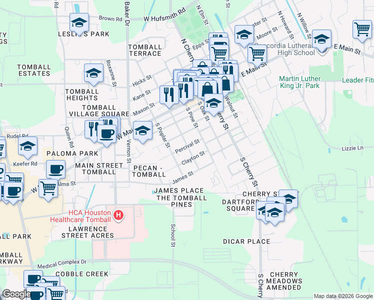 map of restaurants, bars, coffee shops, grocery stores, and more near 402 South Magnolia Street in Tomball