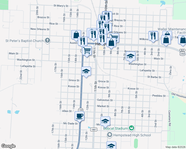 map of restaurants, bars, coffee shops, grocery stores, and more near 1140 Saint Barbe Street in Hempstead
