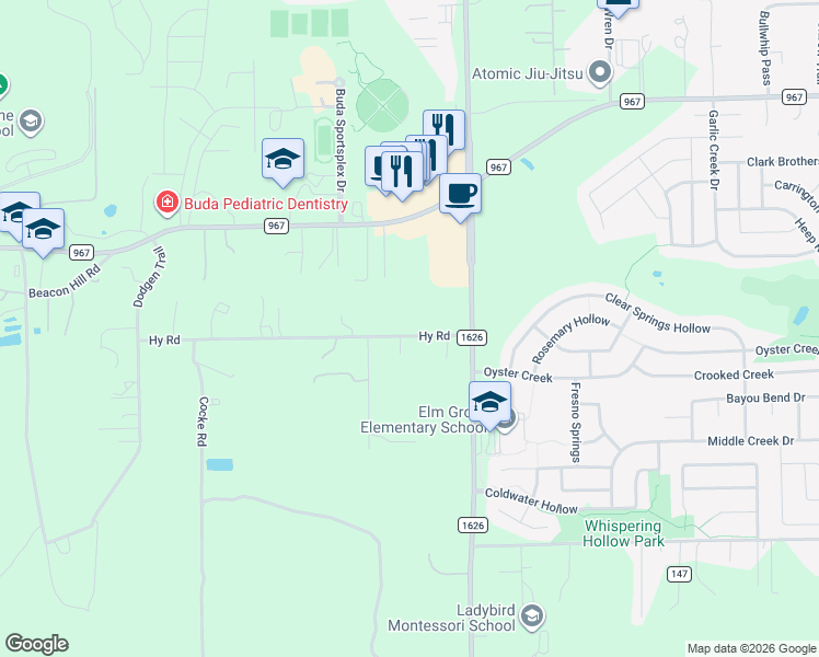 map of restaurants, bars, coffee shops, grocery stores, and more near 130 Hy Road in Buda