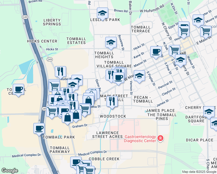 map of restaurants, bars, coffee shops, grocery stores, and more near 1010 West Main Street in Tomball