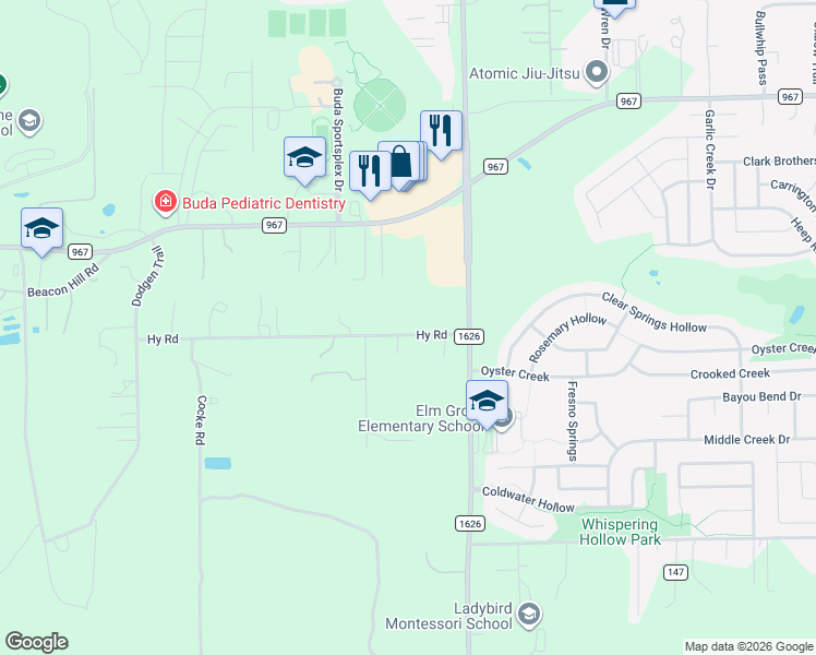 map of restaurants, bars, coffee shops, grocery stores, and more near 130 Hy Road in Buda