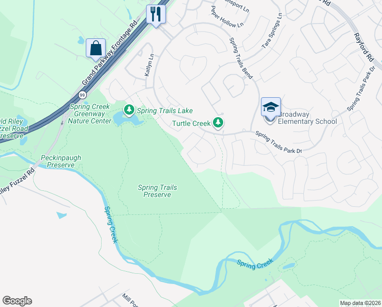 map of restaurants, bars, coffee shops, grocery stores, and more near 1407 Brendon Trail Lane in Spring