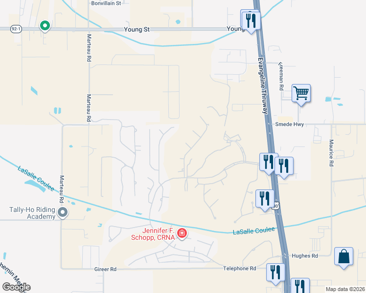 map of restaurants, bars, coffee shops, grocery stores, and more near 103 Riviera Court in Broussard
