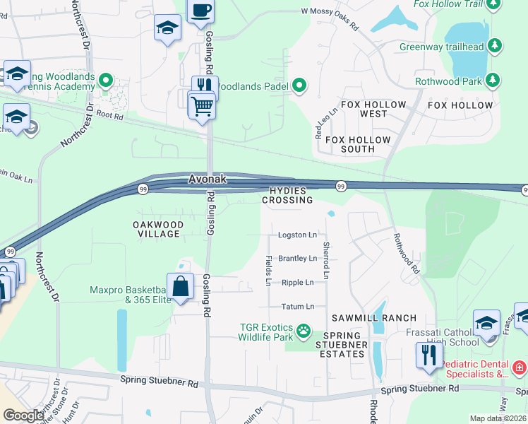 map of restaurants, bars, coffee shops, grocery stores, and more near 5515 Susanna Lane in Spring