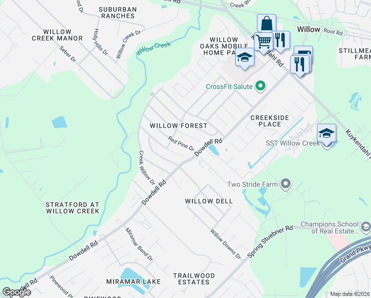 map of restaurants, bars, coffee shops, grocery stores, and more near 22523 Red Pine Drive in Tomball