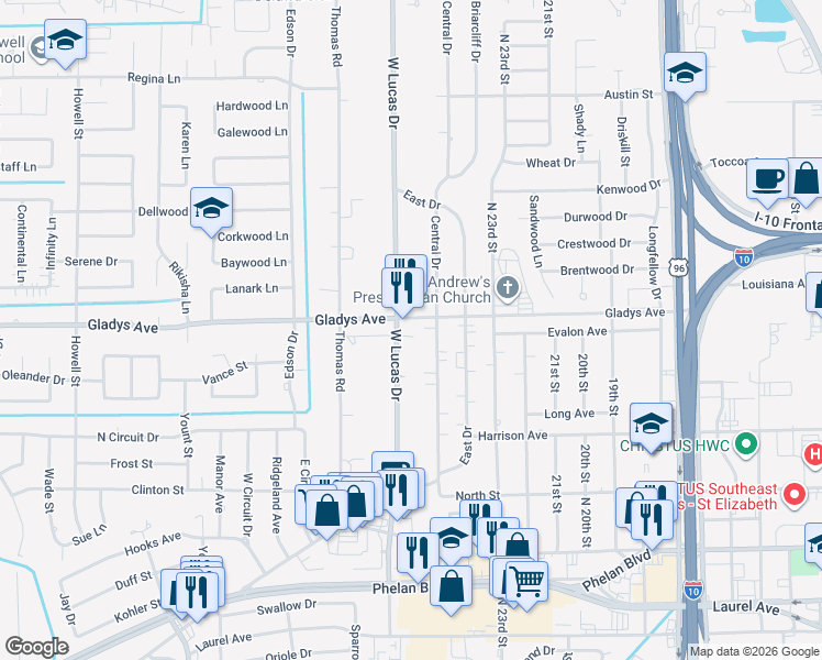 map of restaurants, bars, coffee shops, grocery stores, and more near 1257 West Lucas Drive in Beaumont
