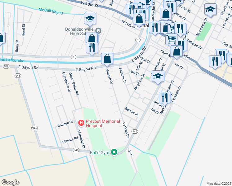 map of restaurants, bars, coffee shops, grocery stores, and more near 407 Vatican Dr in Donaldsonville