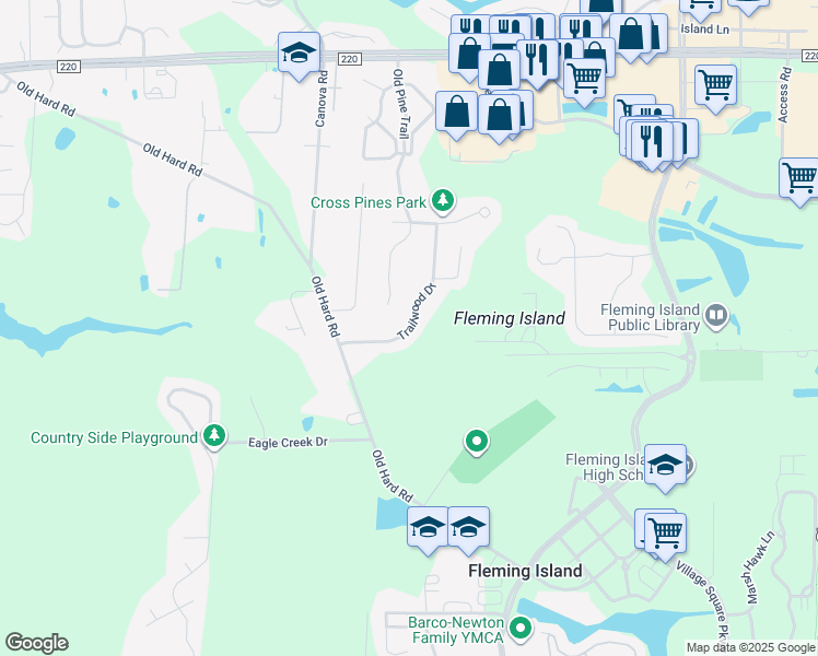 map of restaurants, bars, coffee shops, grocery stores, and more near 2218 Trailwood Drive in Fleming Island