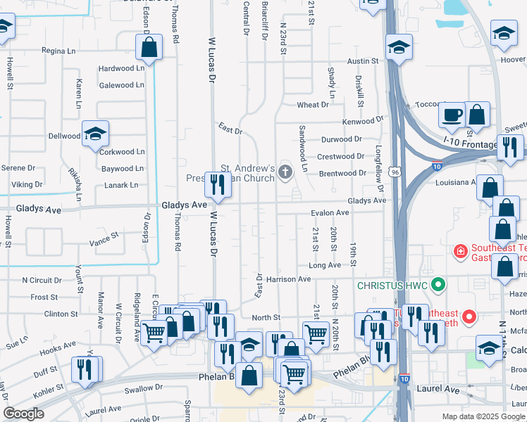 map of restaurants, bars, coffee shops, grocery stores, and more near 1260 East Drive in Beaumont