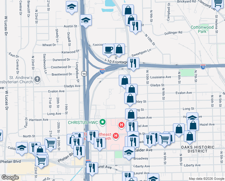 map of restaurants, bars, coffee shops, grocery stores, and more near 1280 Cherokee in Beaumont