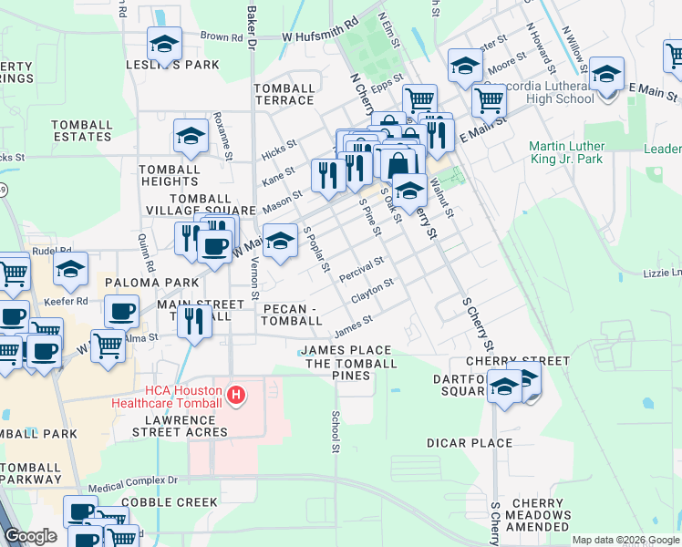 map of restaurants, bars, coffee shops, grocery stores, and more near 618 Percival Street in Tomball