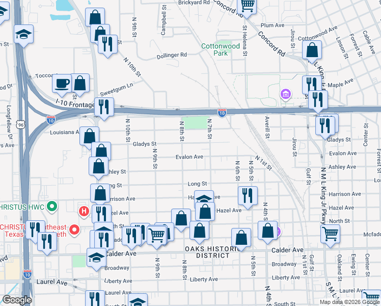 map of restaurants, bars, coffee shops, grocery stores, and more near 2370 Evalon Avenue in Beaumont