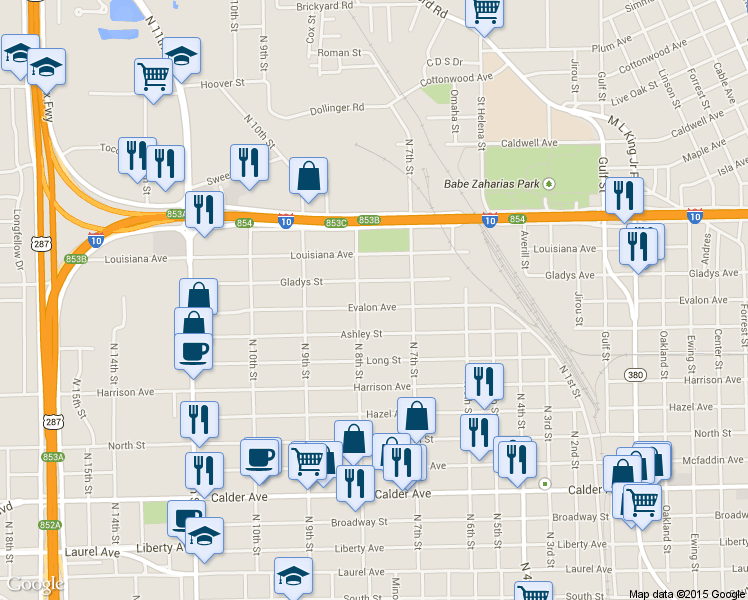 map of restaurants, bars, coffee shops, grocery stores, and more near 2370 Evalon Avenue in Beaumont