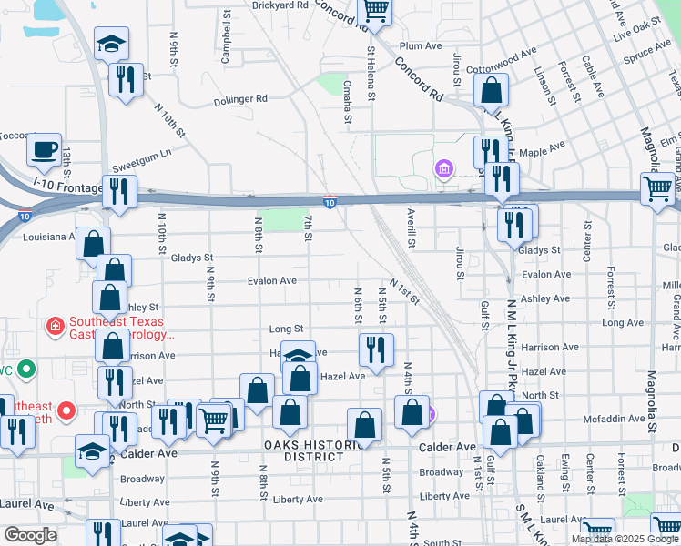 map of restaurants, bars, coffee shops, grocery stores, and more near 2234 Evalon Avenue in Beaumont
