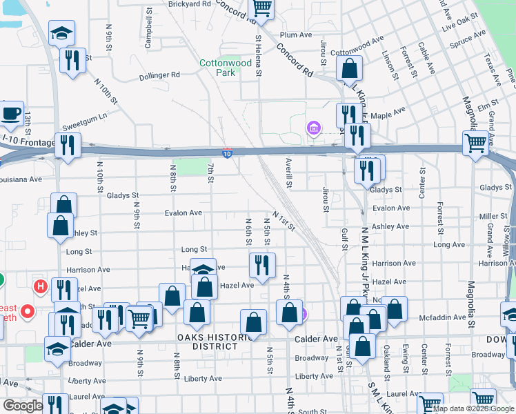 map of restaurants, bars, coffee shops, grocery stores, and more near 2124 Evalon St in Beaumont