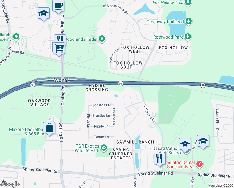 map of restaurants, bars, coffee shops, grocery stores, and more near 22610 Sherrod Lane in Spring