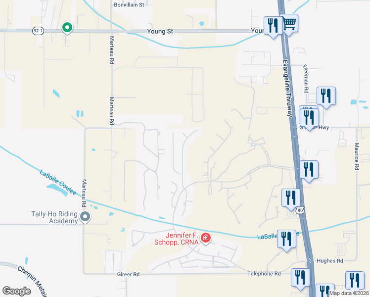 map of restaurants, bars, coffee shops, grocery stores, and more near 212 Spyglass Lane in Broussard