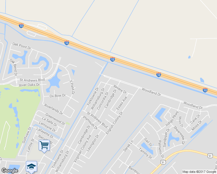 map of restaurants, bars, coffee shops, grocery stores, and more near 3021 Concordia Drive in LaPlace