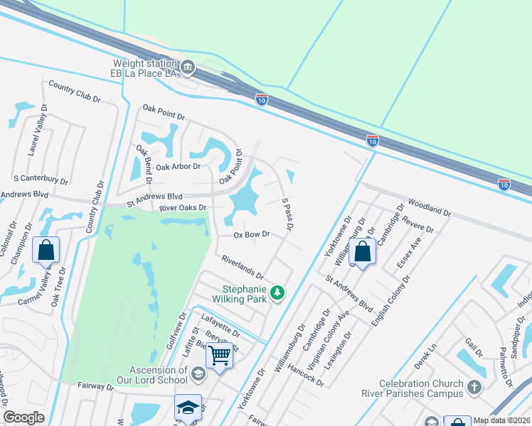 map of restaurants, bars, coffee shops, grocery stores, and more near 321 South Pass Drive in LaPlace