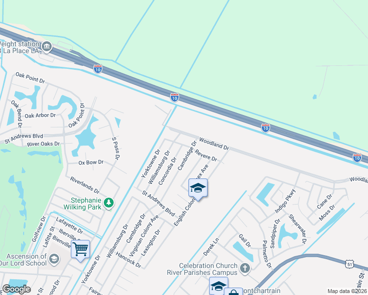 map of restaurants, bars, coffee shops, grocery stores, and more near 3021 Concordia Drive in LaPlace