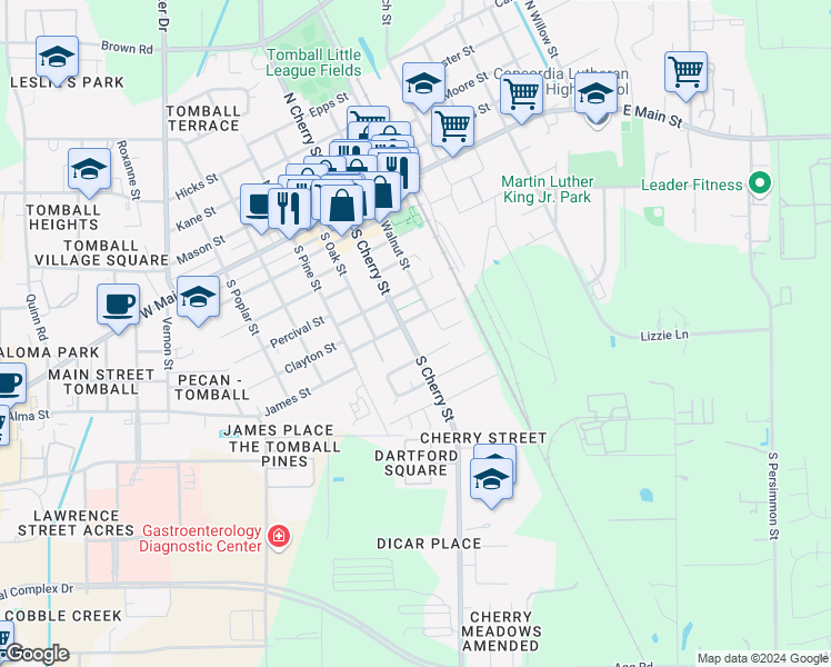 map of restaurants, bars, coffee shops, grocery stores, and more near 611 South Cherry Street in Tomball