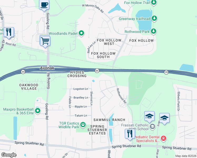 map of restaurants, bars, coffee shops, grocery stores, and more near 22610 Sherrod Lane in Spring