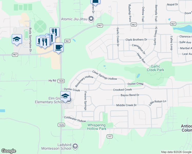 map of restaurants, bars, coffee shops, grocery stores, and more near 373 Rosemary Hollow in Buda