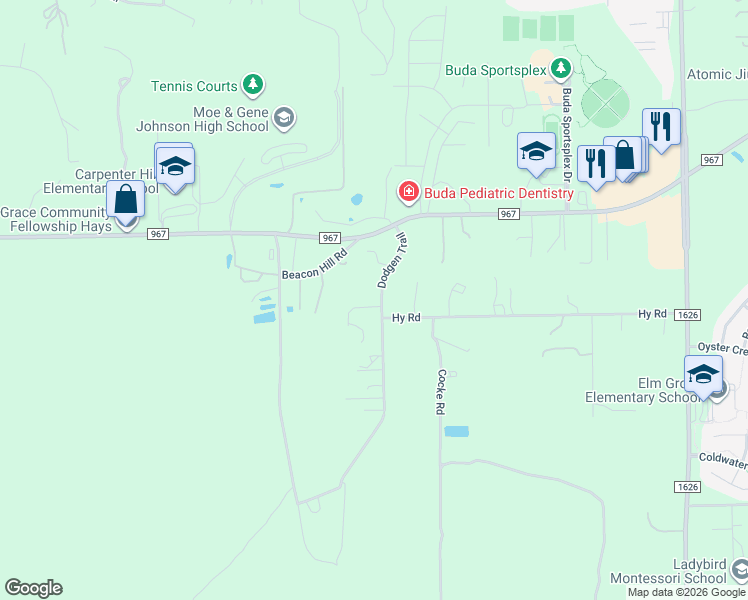 map of restaurants, bars, coffee shops, grocery stores, and more near 110 Dodgen Trail in Buda