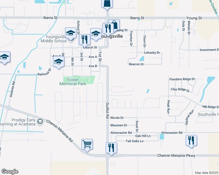 map of restaurants, bars, coffee shops, grocery stores, and more near 145 Guillot Road in Youngsville
