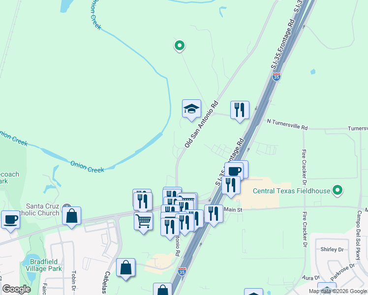 map of restaurants, bars, coffee shops, grocery stores, and more near 990 Old San Antonio Road in Buda