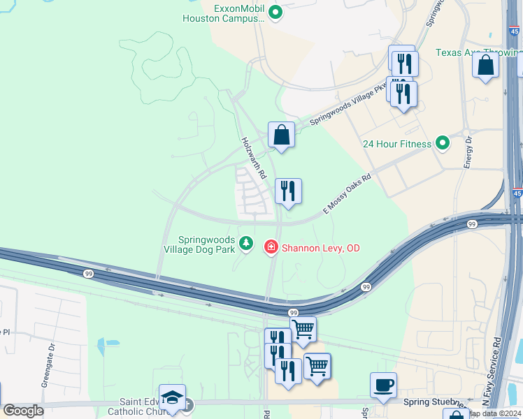 map of restaurants, bars, coffee shops, grocery stores, and more near 30 Thorpe Lane in Spring
