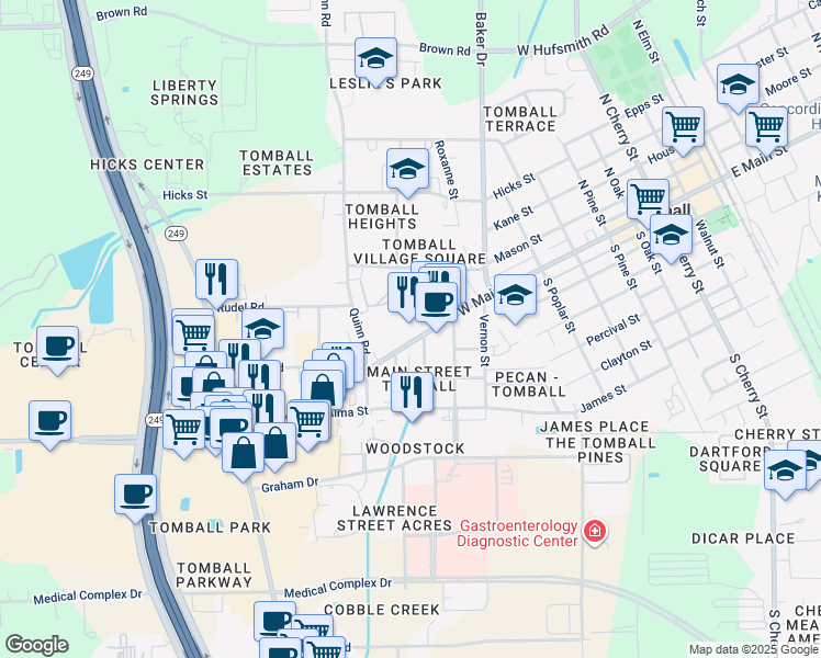 map of restaurants, bars, coffee shops, grocery stores, and more near 1010 West Main Street in Tomball