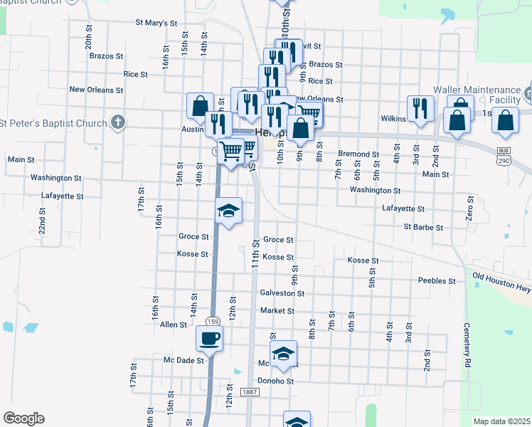 map of restaurants, bars, coffee shops, grocery stores, and more near 1236 11th Street in Hempstead