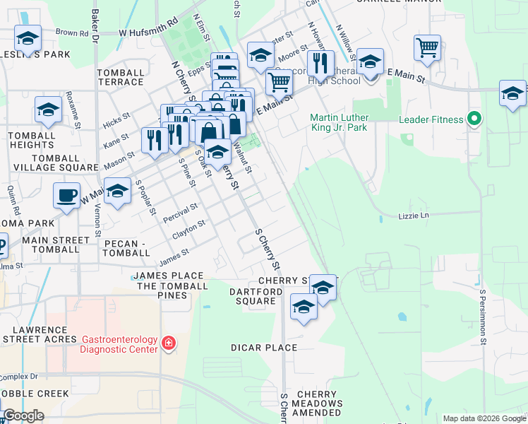 map of restaurants, bars, coffee shops, grocery stores, and more near 611 South Cherry Street in Tomball