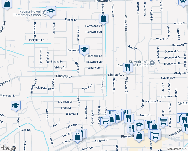 map of restaurants, bars, coffee shops, grocery stores, and more near 4725 Gladys Avenue in Beaumont