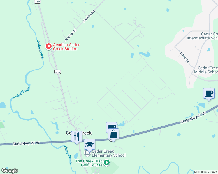 map of restaurants, bars, coffee shops, grocery stores, and more near 209 Gato Road in Cedar Creek