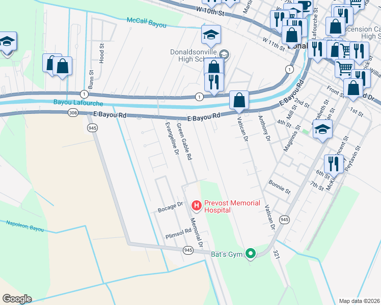 map of restaurants, bars, coffee shops, grocery stores, and more near 141 Green Gable Road in Donaldsonville