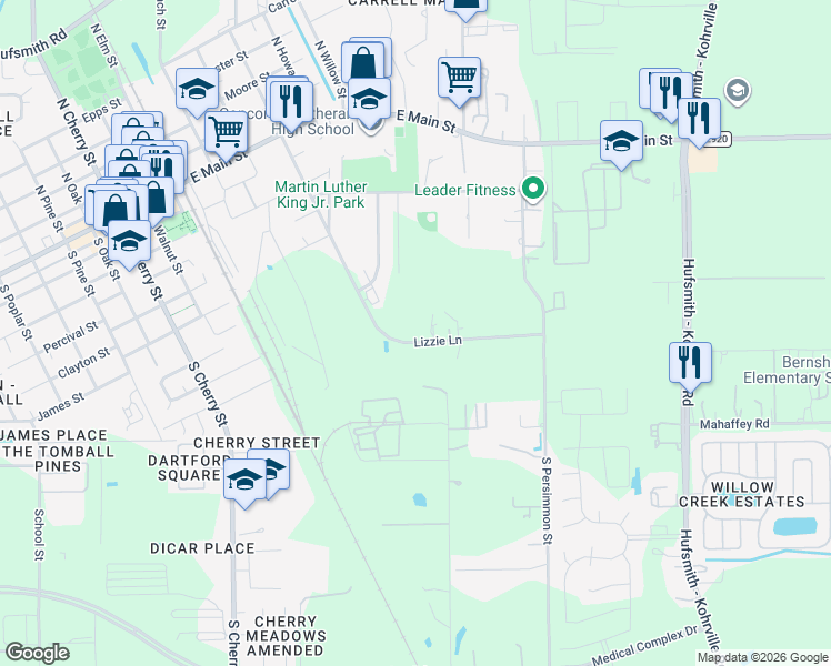 map of restaurants, bars, coffee shops, grocery stores, and more near 823 Lizzie Lane in Tomball