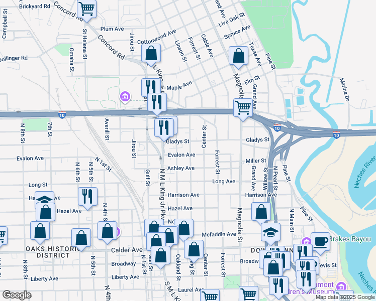 map of restaurants, bars, coffee shops, grocery stores, and more near 1304 Evalon Avenue in Beaumont