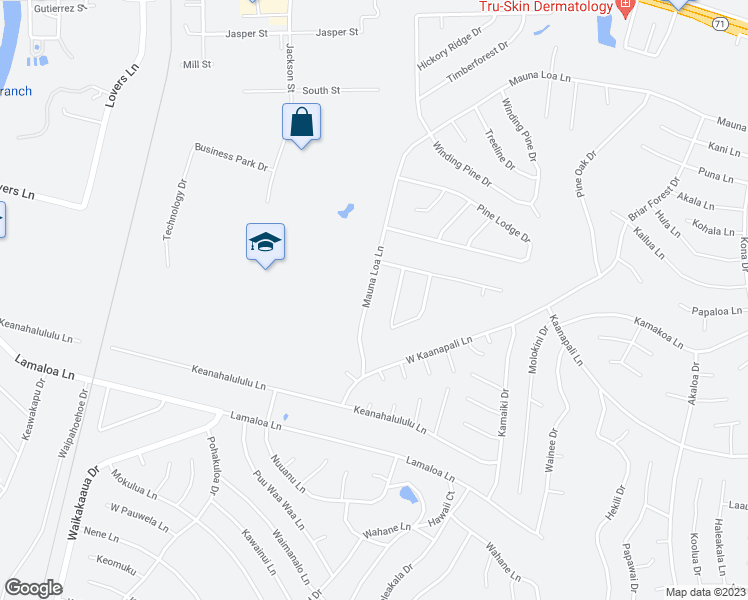 map of restaurants, bars, coffee shops, grocery stores, and more near 395 Mauna Loa Lane in Bastrop