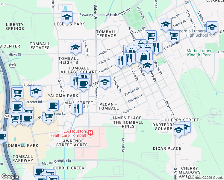 map of restaurants, bars, coffee shops, grocery stores, and more near 712 Clarence Street in Tomball