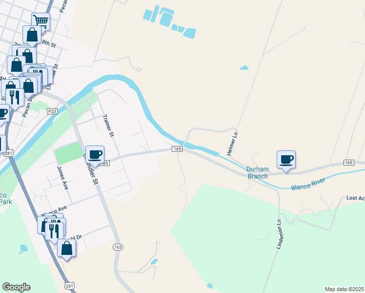 map of restaurants, bars, coffee shops, grocery stores, and more near Farm Road 163 in Blanco