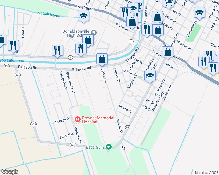 map of restaurants, bars, coffee shops, grocery stores, and more near 407 Vatican Drive in Donaldsonville