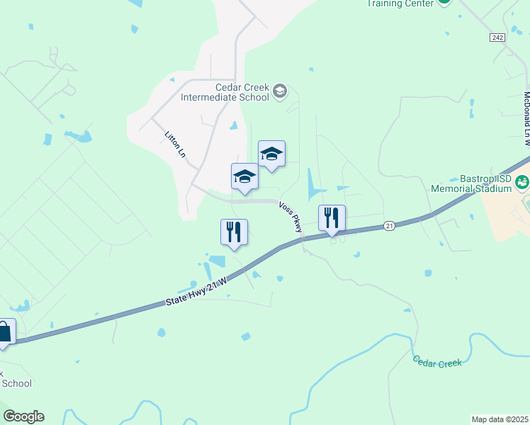 map of restaurants, bars, coffee shops, grocery stores, and more near 142 Voss Parkway in Cedar Creek