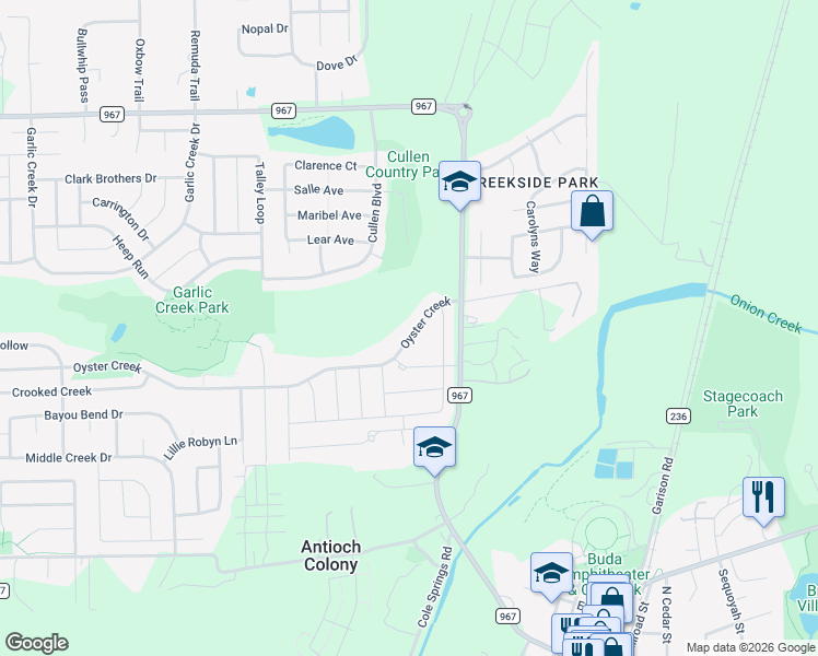 map of restaurants, bars, coffee shops, grocery stores, and more near 1647 Oyster Creek in Buda