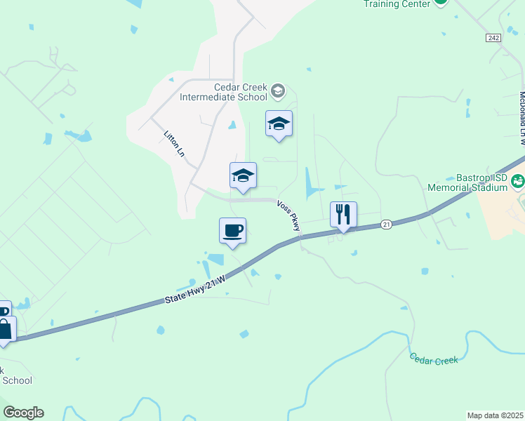 map of restaurants, bars, coffee shops, grocery stores, and more near 142 Voss Parkway in Cedar Creek