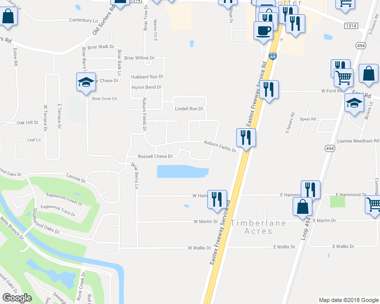 map of restaurants, bars, coffee shops, grocery stores, and more near Emerson Creek Lane in Porter