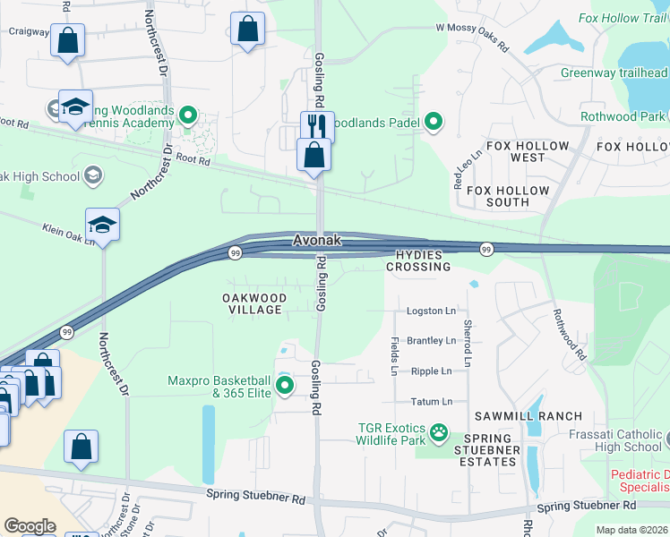 map of restaurants, bars, coffee shops, grocery stores, and more near 5707 Rhetta Lane in Spring