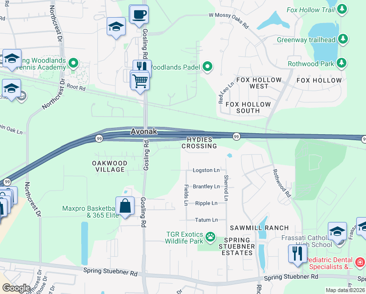 map of restaurants, bars, coffee shops, grocery stores, and more near 5601 Rhetta Lane in Spring